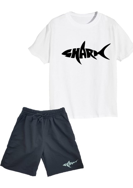 2'li Set Baskılı Erkek Çocuk Pamuk Şort Tshirt Takım 05 5 6 7 8 9 10 11 12 13 14 Yaş Tişört Shark