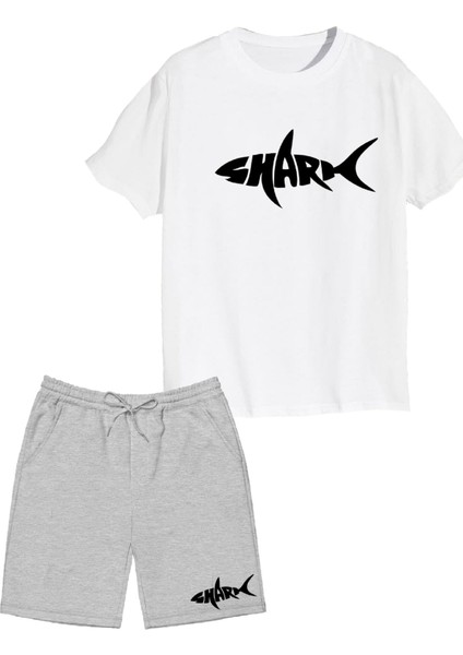 2'li Set Baskılı Erkek Çocuk Pamuk Şort Tshirt Takım 05 5 6 7 8 9 10 11 12 13 14 Yaş Tişört Shark