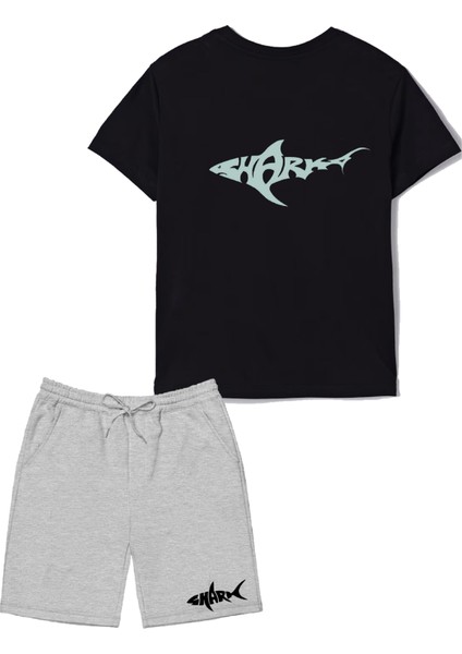 2'li Set Baskılı Erkek Çocuk Pamuk Şort Tshirt Takım 05 5 6 7 8 9 10 11 12 13 14 Yaş Tişört Shark