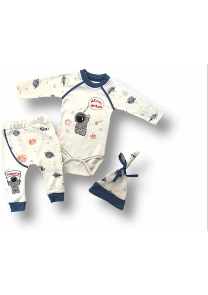 3-6 6-9 9-12 Ay Şirin Kozmonot Nakışlı Şapkalı Uzun Kollu Zıbınlı 3lü Kız-Erkek Bebek Takımı Ekru