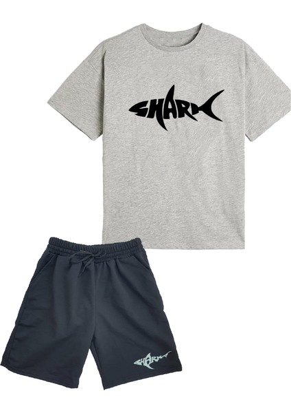 2'li Set Baskılı Erkek Çocuk Pamuk Şort Tshirt Takım 05 5 6 7 8 9 10 11 12 13 14 Yaş Tişört Shark
