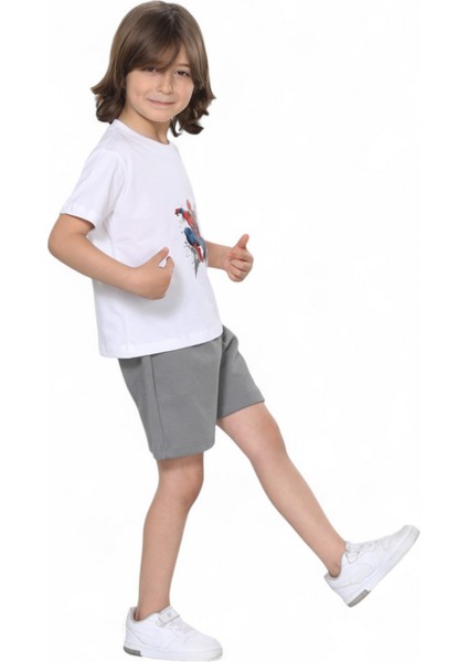 Erkek Çocuk Yazlık Şort Baskılı Tshirt Alt Üst Pamuklu Penye 2'li Takım