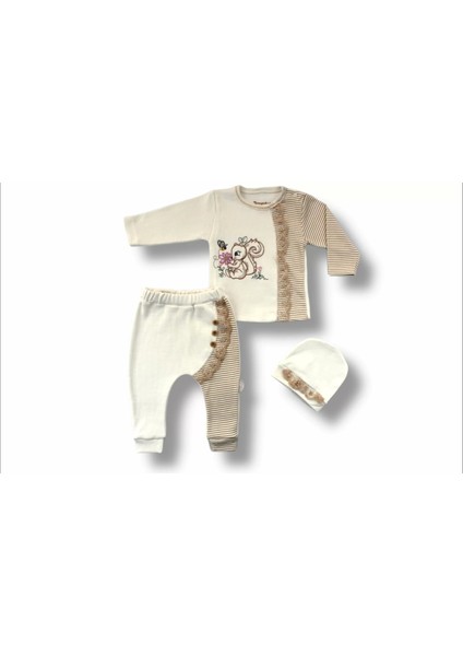 3-6 6-9 9-12 Ay Minik Sincap Nakışlı Şapkalı Uzun Kollu Sweatli 3lü Kız Bebek Takımı Kahverengi