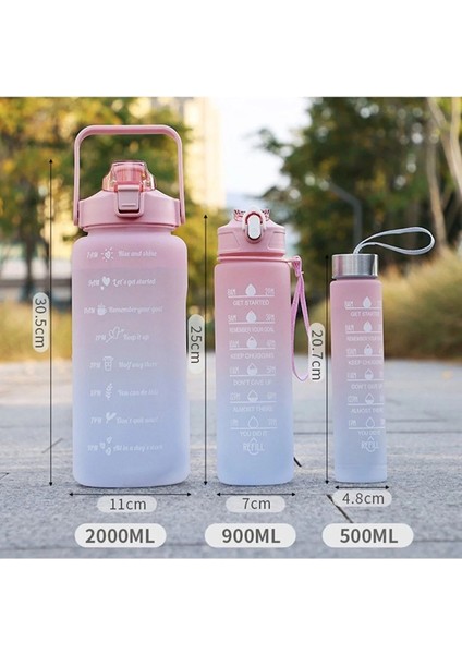 2 L Motivasyonel 3lü Set Su Matarası Su Şişesi Suluk 2LT+900ML+500ML Tritan Spor Salonu Su Şişesi S