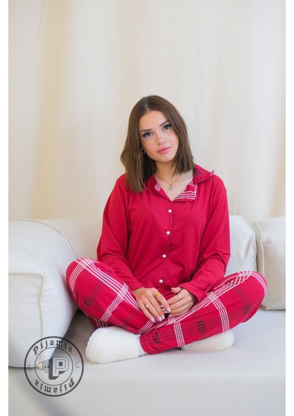 Fuşya Ekose Desenli Düğmeli Uzun Kol Kadın Pijama Takımı modelleri