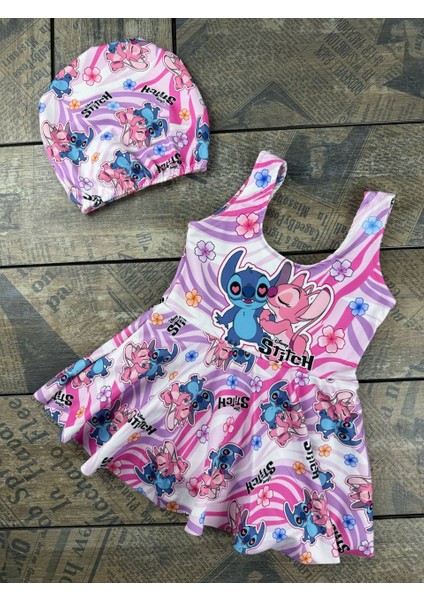 Stitch Kız Çocuk Volanlı Mayo ve Bone Havuz Deniz Takımı