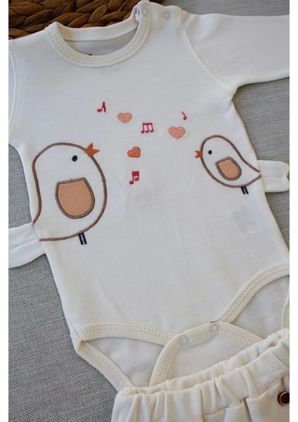 3-6 6-9 9-12 Ay Şarkıcı Kuşlar Nakışlı Bandanalı Uzun Kollu Zıbınlı 3lü Kız Bebek Takımı Ekru fiyatları