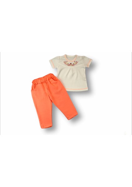 3-6 6-9 9-12 12-18 Ay Anadolu Çiçeği Nakışlı Kısa Kollu Sweatli 2li Kız Bebek Takımı Turuncu