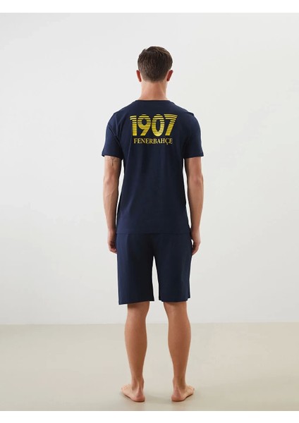 Lacivert Bisiklet Yaka Fb Taraftar Baskılı %100 Pamuk Erkek Şortlu Pijama Takımı