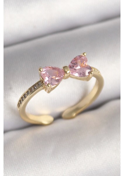 Pirinç Gold Renk Pembe Zirkon Taşlı Kalp Fiyonk Model Kadın Yüzük