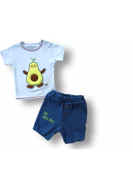 3-6 6-9 9-12 12-18 Ay Avokado Nakışlı Kısa Kollu Sweatli Şortlu 2li Kız-Erkek Bebek Takımı Mavi