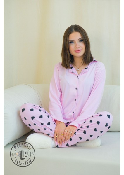 Pembe Kalp Desenli Düğmeli Uzun Kol Kadın Pijama Takımı modelleri