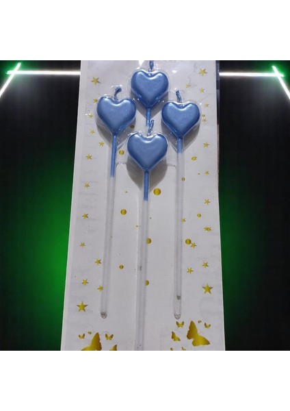 Vıp Yüksek Kalite 4 Adet Parlak Metalik Kalpli Mavi Mum Mavi Kalpli Pasta Mumu Doğum Günü Mumu 15 cm