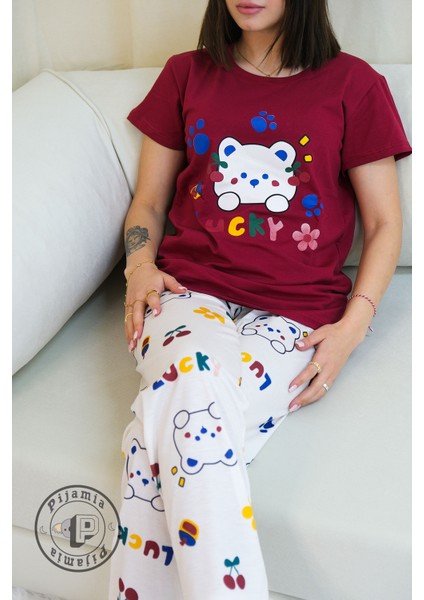 Bordo Ayıcık Desenli Kısa Kol Kadın Pijama Takımı