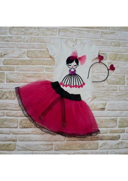 9-12-18 Ay Kalp Kız Nakışlı Taçlı Kısa Kollu Tütü Etek 3lü Kız Bebek Takımı Fuşya