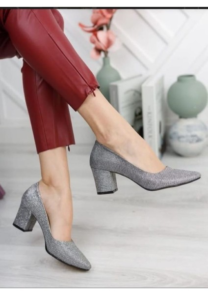 Kadın Ayakkabı Simli Sitiletto Cupra Kısa Topuklu Klasik Ayakkabı 5 cm Siyah Simli