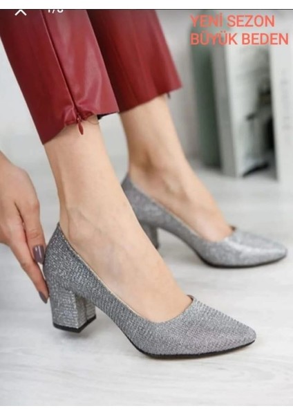 Kadın Ayakkabı Simli Sitiletto Cupra Kısa Topuklu Klasik Ayakkabı 5 cm Siyah Simli modelleri