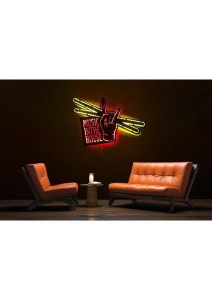 Musıc Yazılı LED Işıklı Tablo, Duvar Dekor Ahşap, Neon Işık, Duvar Süsü