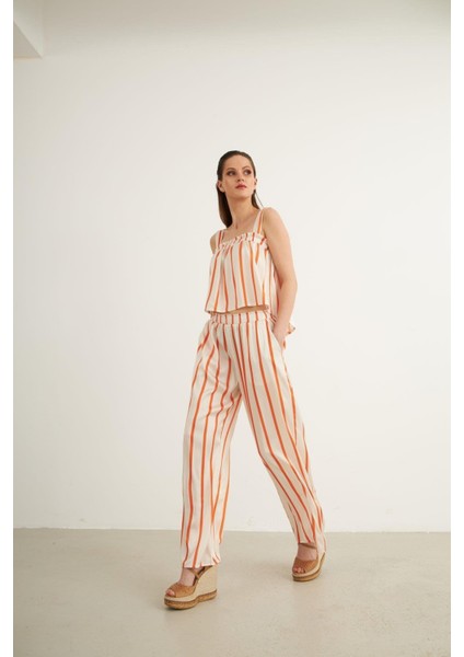 Turuncu Çizgili Saten Pantolon