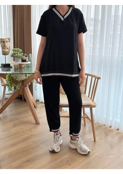 Kadın Kısa Kollu V Yakalı Iki Iplik Bluz ve Pantolon Ikili Takım modelleri
