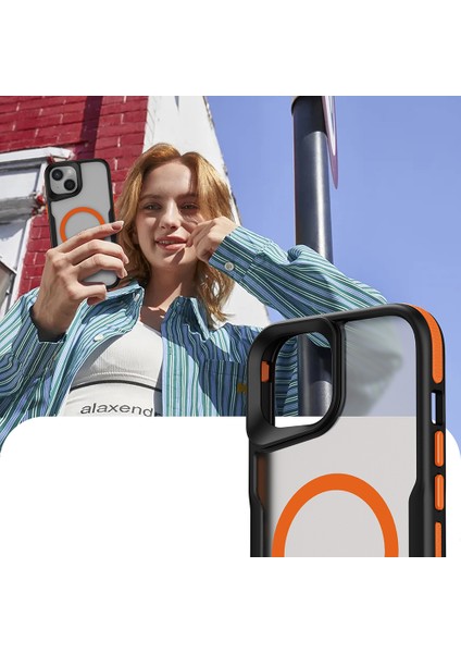 iPhone 14 Plus Kılıf M-Safe Şarj Özellikli Renkli Kenar Airbag Şeritli Lamer Kılıf