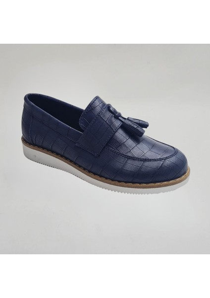 Erkek Çocuk Lacivert Kroko Loafer Ayakkabı - Fiyonklu Kaymaz Taban
