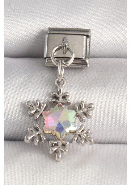 316L Çelik Gümüş Renk Hologram Mineli Kar Tanesi Model Nomination Charm