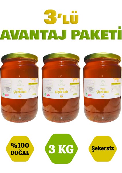 3 Adet 1 kg Şekersiz Yayla Çiçek Balı 3’lü Avantaj Paketi 3 kg