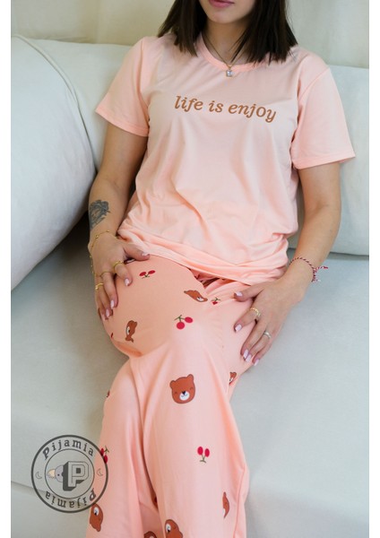 Açık Pudra Ayıcık Kiraz Desenli Kısa Kol Kadın Pijama Takımı