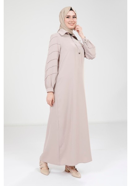Fermuarlı Bej Elbise 9379