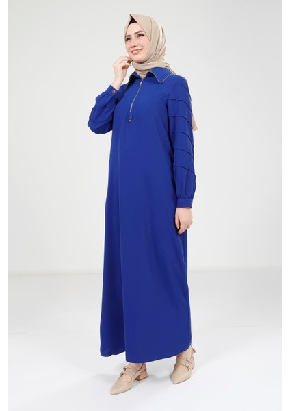 Fermuarlı Saks Mavisi Elbise 9379