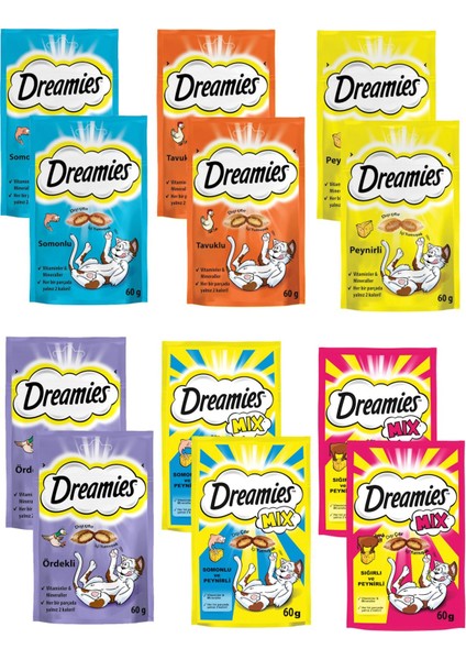 Kedi Ödül Mama Seti 60 gr x 12 Adet (Sığır ve Peynir, Somon ve Peynir, Tavuk, Ördek, Somon, Peynir)