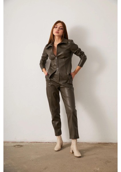 Haki Deri Pantolon modelleri