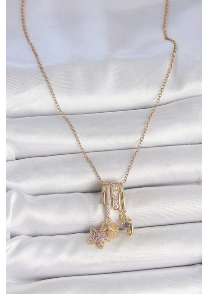 316L Çelik Gold Renk Sallantı Zirkon Taşlı Mor Taşlı Ayıcık Figür Charm Kadın Kolye