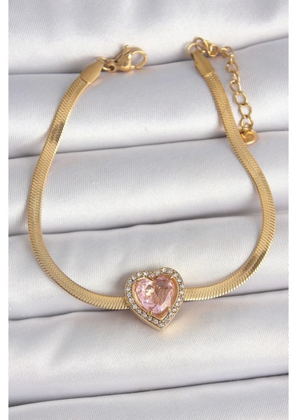 316L Çelik Gold Renk Italyan Zincir Pembe Zirkon Taşlı Kalp Model Kadın Bileklik