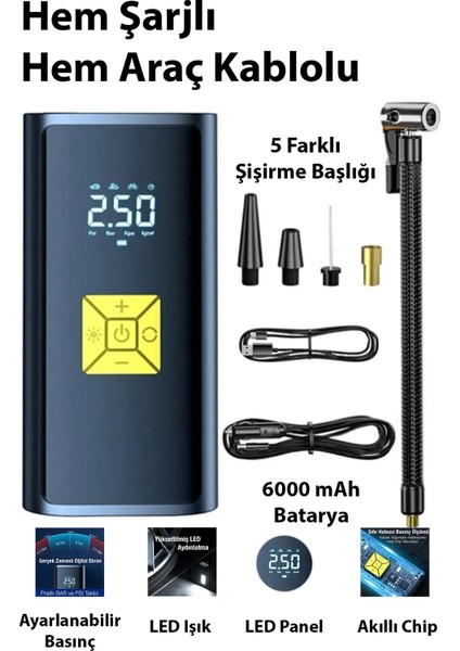 ST-9620B Dijital LED Işıklı Taşınabilir Şarjlı Araç Lastik Hava Şişirme Pompası