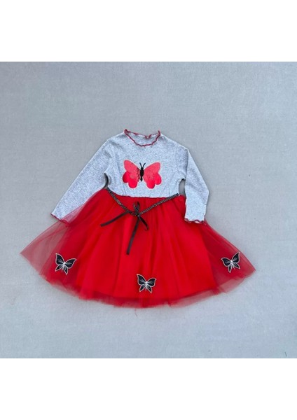 5-6-7 Yaş Taşlı Kelebek Desenli Kurdela Kuşaklı Astarlı Kız Çocuk Tütü Elbise Kırmızı
