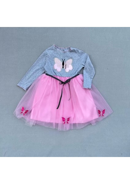 5-6-7 Yaş Taşlı Kelebek Desenli Kurdela Kuşaklı Astarlı Kız Çocuk Tütü Elbise Pembe