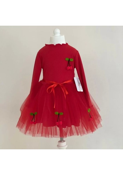 5-6-7 Yaş Kiraz Desenli Kurdela Kuşaklı Astarlı Uzun Kollu Kız Çocuk Tütü Elbise Kırmızı