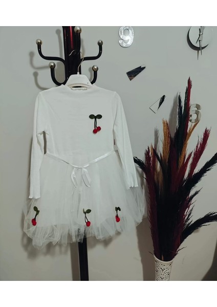 5-6-7 Yaş Kiraz Desenli Kurdela Kuşaklı Astarlı Uzun Kollu Kız Çocuk Tütü Elbise Beyaz fırsatları