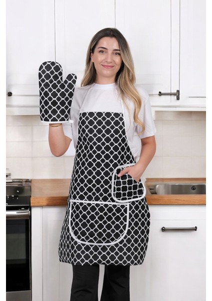 Trendy Membranlı 3lü Set Sıvı Geçirmez Su Geçirmez Mutfak Önlüğü Çeyiz Seti (1 Eldiven 1 Tutacak)