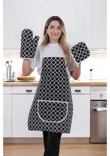 Trendy Membranlı 3lü Set Sıvı Geçirmez Su Geçirmez Mutfak Önlüğü Çeyiz Seti (1 Eldiven 1 Tutacak)