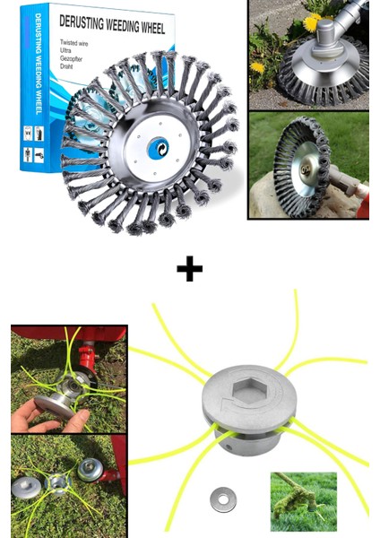 Tüm Benzinli Tırpanlara Uyumlu Örümcek Mantar Misina Başlık ve Telli Fırça 2’li Çim Kesici Set