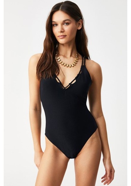 V Yaka Çıkarılabilir Süngerli Pera Simli Kumaş Siyah Biye Detaylı Siyah Mayo