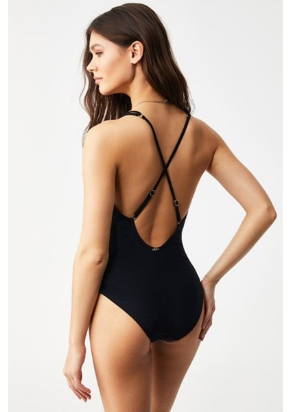 V Yaka Çıkarılabilir Süngerli Pera Simli Kumaş Siyah Biye Detaylı Siyah Mayo fiyatları