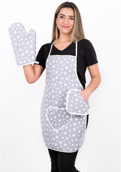 Trendy 3lü Set Sıvı Geçirmez Mutfak Önlüğü, Isıya Dayanıklı Fırın Eldiveni ve Tutacak Takımı