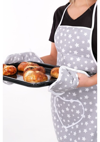 Trendy 3lü Set Sıvı Geçirmez Mutfak Önlüğü, Isıya Dayanıklı Fırın Eldiveni ve Tutacak Takımı