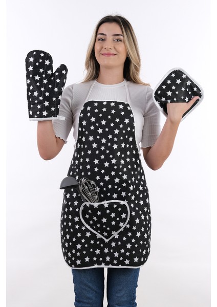 Trendy 3lü Set Sıvı Geçirmez Mutfak Önlüğü, Isıya Dayanıklı Fırın Eldiveni ve Tutacak Takımı