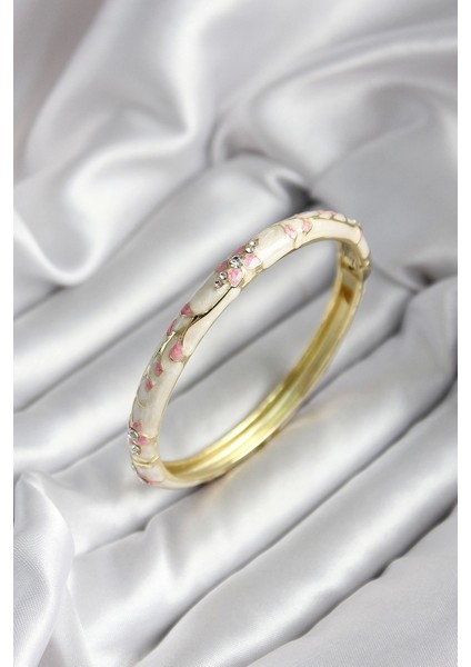 Mineli Pirinç Bej Çiçek Desenli Zirkon Taşlı Gold Renk Kadın Kelepçe (Çap 60 Mm)