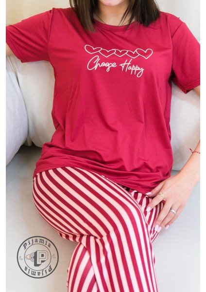 Fuşya Çizgi Desenli Kısa Kol Kadın Pijama Takımı